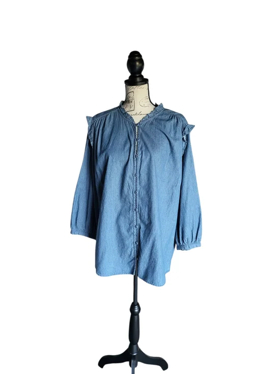 LC Lauren Conrad 2X Chambray Ruffle Button Front Blouse Blue Cotton Plus Top - Picture 2 of 6